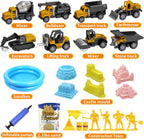 HONGTUO - Kit de arena de construcción para niños, arena sensorial con camiones de construcción y moldes de castillo, área de juego de arena inflable y cubo sensorial