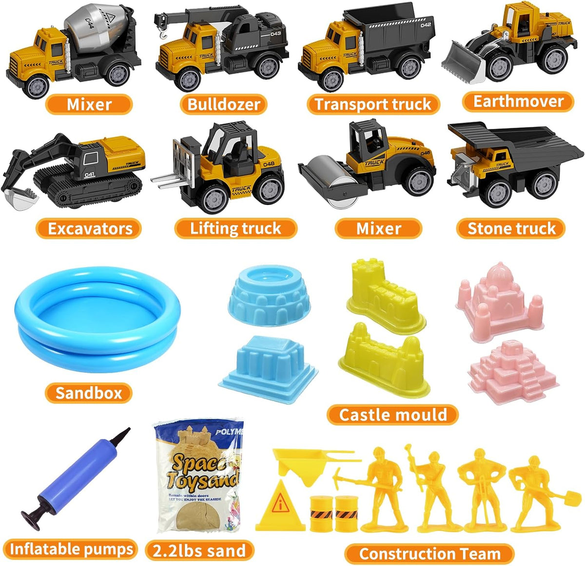 HONGTUO - Kit de arena de construcción para niños, arena sensorial con camiones de construcción y moldes de castillo, área de juego de arena inflable y cubo sensorial