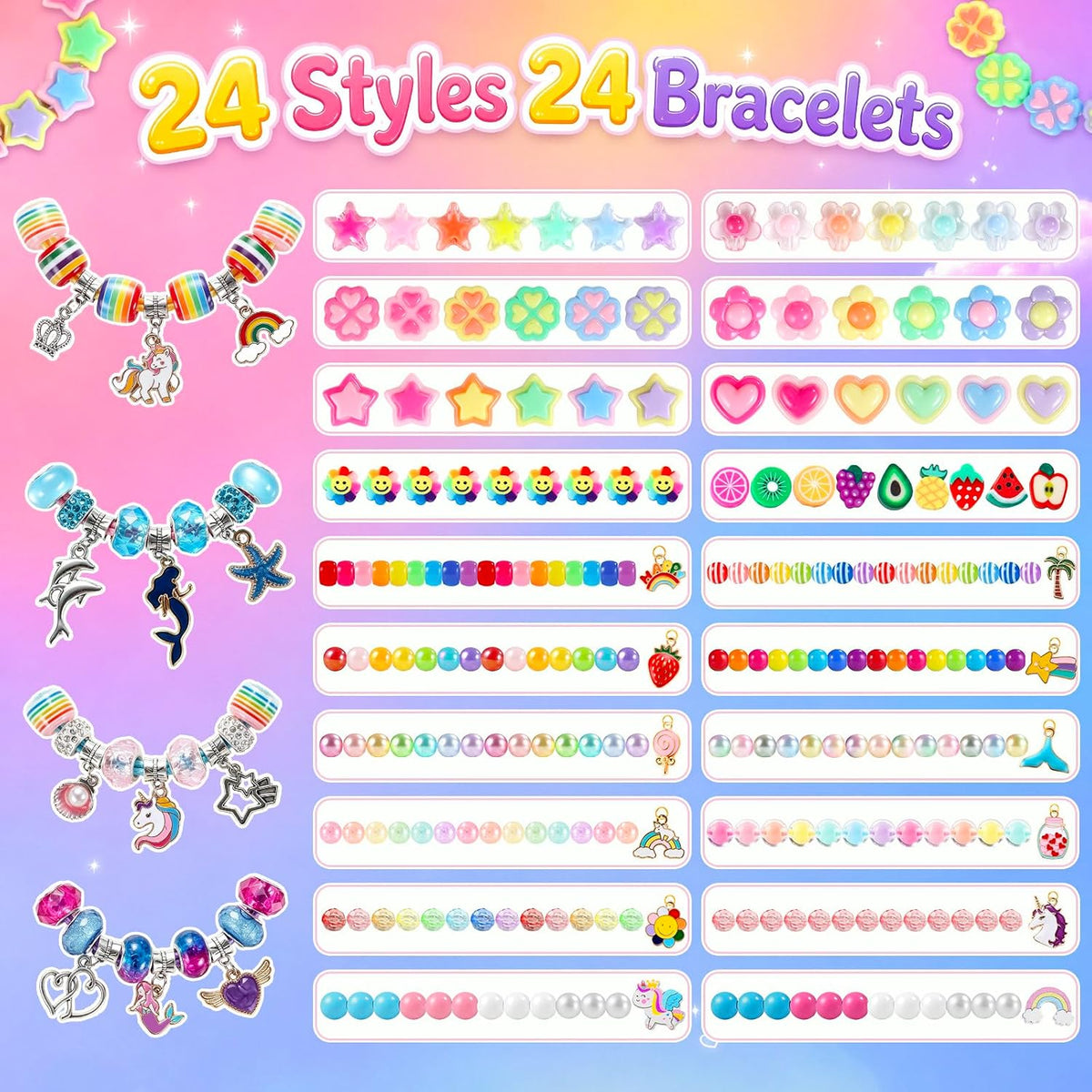 Funtopia Paquete de 24 kits de fabricación de pulseras para niñas de 4-6-8