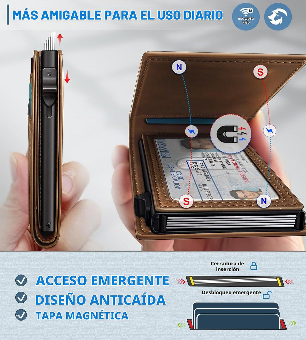 Cartera para hombre, tarjetero desplegable delgado con bloqueo RFID, billetera plegable minimalista con 9 ranuras para tarjetas, ventana de identificación y bolsillo para efectivo, funda de