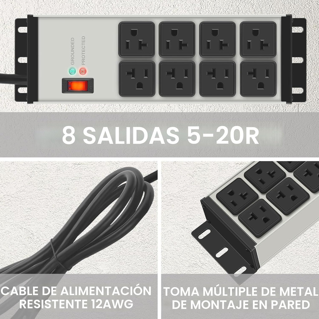 CCCEI 2PCS 12 Gauge Heavy Duty Power Strip, 8 puertos. Grey, 6FT.
