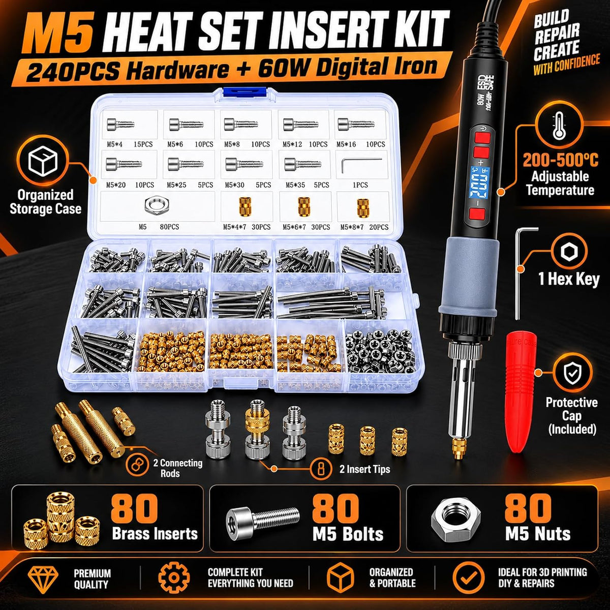 Kit de inserción de calor para impresión 3D, kit de inserción roscada para