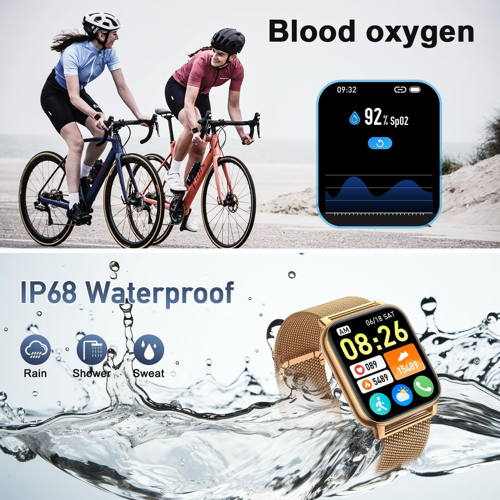 Reloj inteligente para mujer con rastreador de fitness: relojes inteligentes dorados para mujer, relojes digitales para hombre, hacer/responder llamada, impermeable, reloj inteligente para correr