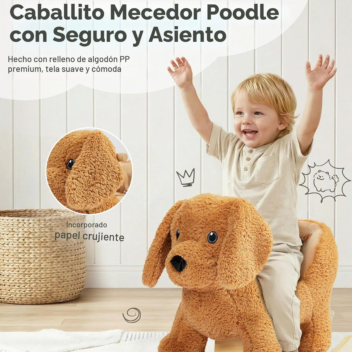Caballo mecedor para bebé, caballo mecedor de madera caniche para niños pequeños de 1 a 3 años