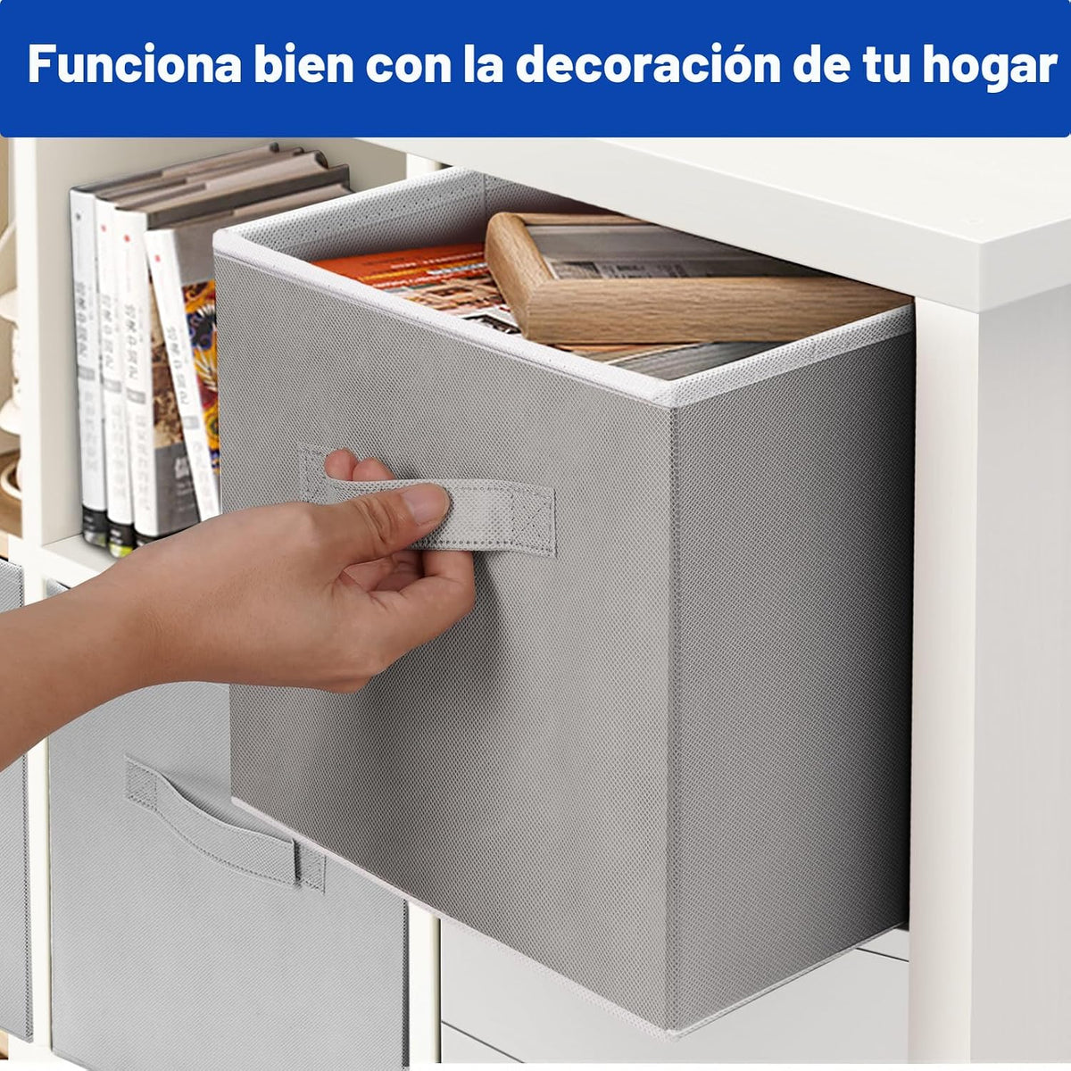 Cubos de almacenamiento, cubos de almacenamiento de 11 pulgadas para estantes (paquete de 10), contenedores de almacenamiento plegables de tela con asas dobles, cestas plegables para revistas, organizadores de armario y caja de almacenamiento (gris)