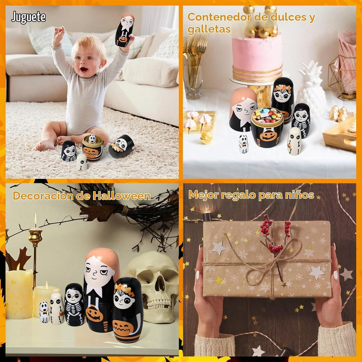 Muñecas anidables de Halloween, 5 muñecas rusas de 6 pulgadas de alto, Matryoshka hechas a mano para niños, juguetes apilables de madera para decoración de fiesta en casa de Halloween (niñas