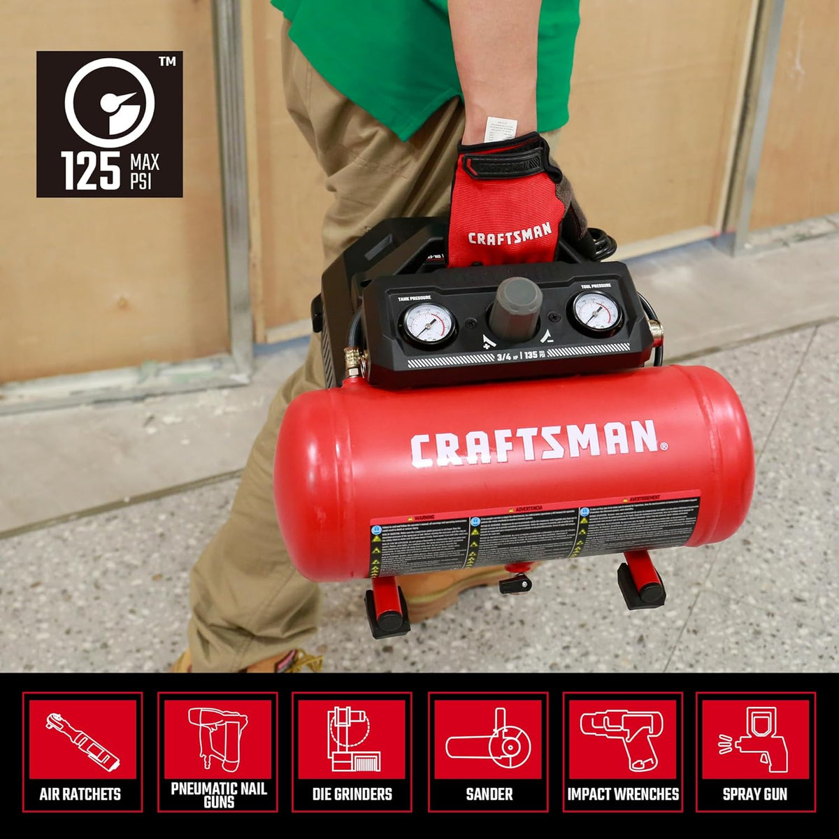 CRAFTSMAN Compresor de aire, 1.5 galones, 3\/4 HP, máximo 125 PSI,...