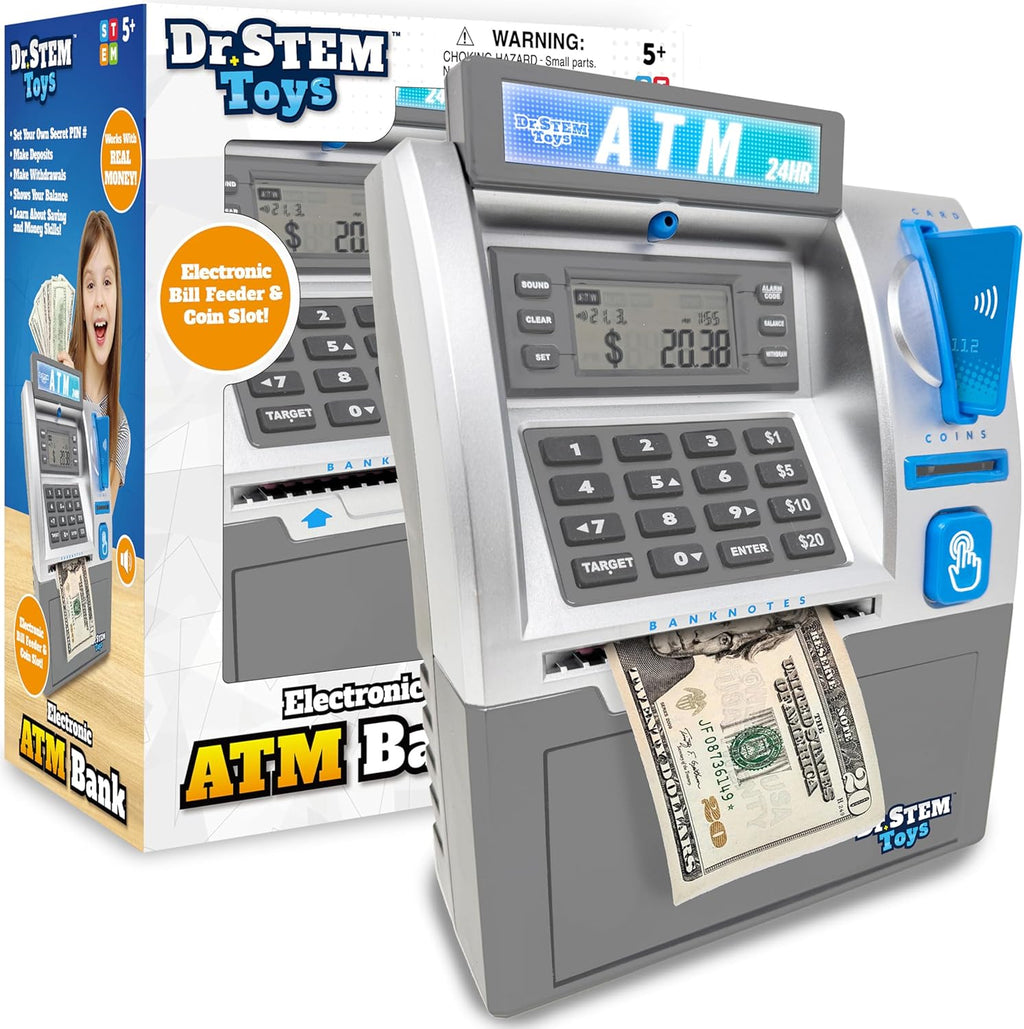 Caja de ahorros de cajero automático para niños – hucha electrónica con alimentador de billetes, contador de monedas y LCD – juguete educativo STEM para niños de 5 a 12 años