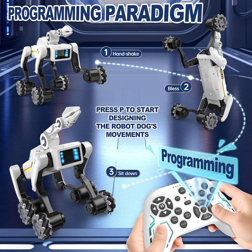 Kit de perro robot 3 en 1 con ruedas, más de 30 acciones biónicas, control de voz y control remoto, movimientos programables, batería recargable, juguete para mascotas todo terreno para niños (garra y cañón extraíbles)