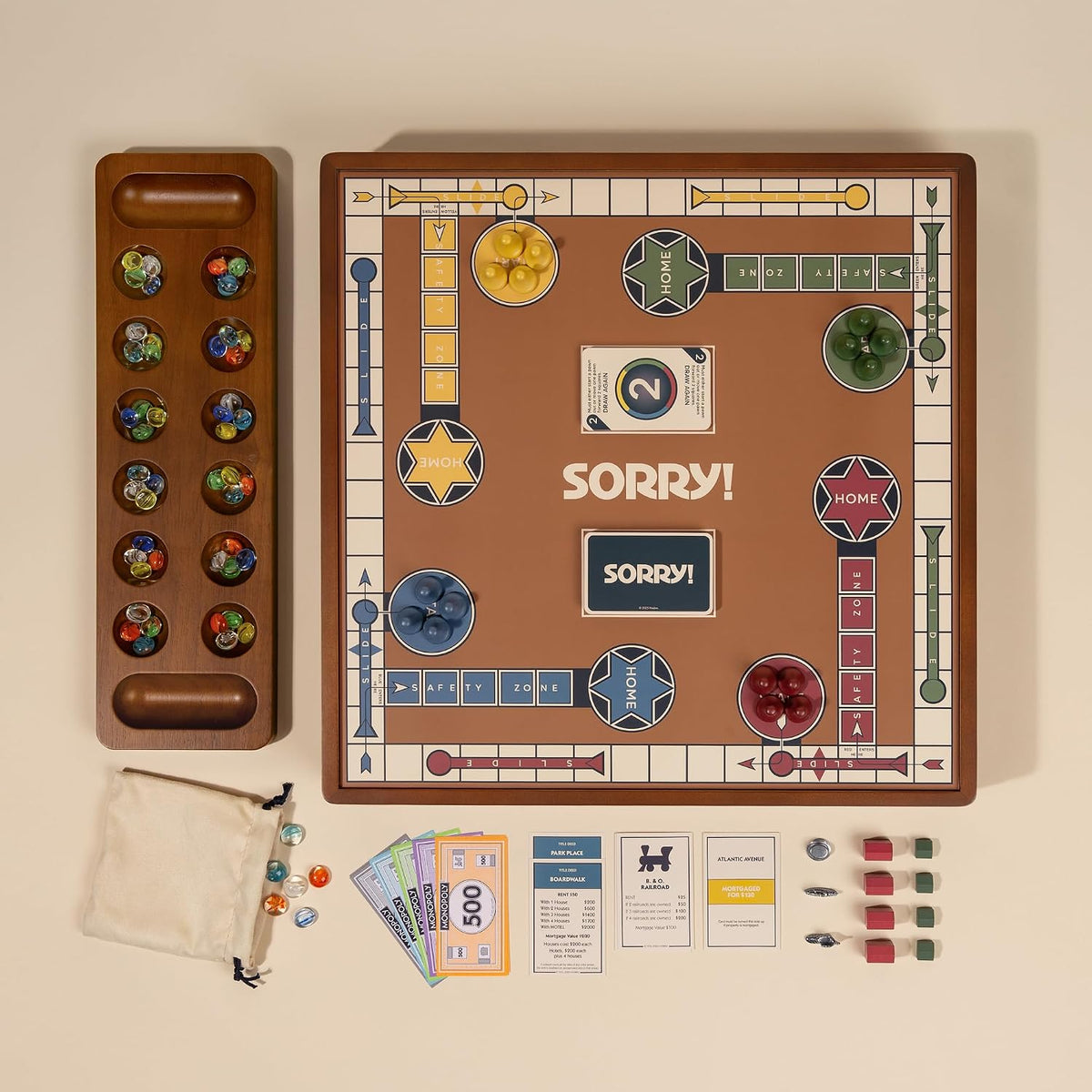 WS Game Company Monopoly, Sorry! y Mancala Premium 3 en 1 Juego de mesa