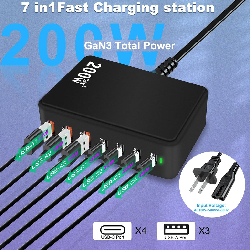 Cargador USB C Bloque 200W PD QC3.0 GaN 7 Puertos Estación de carga rápida