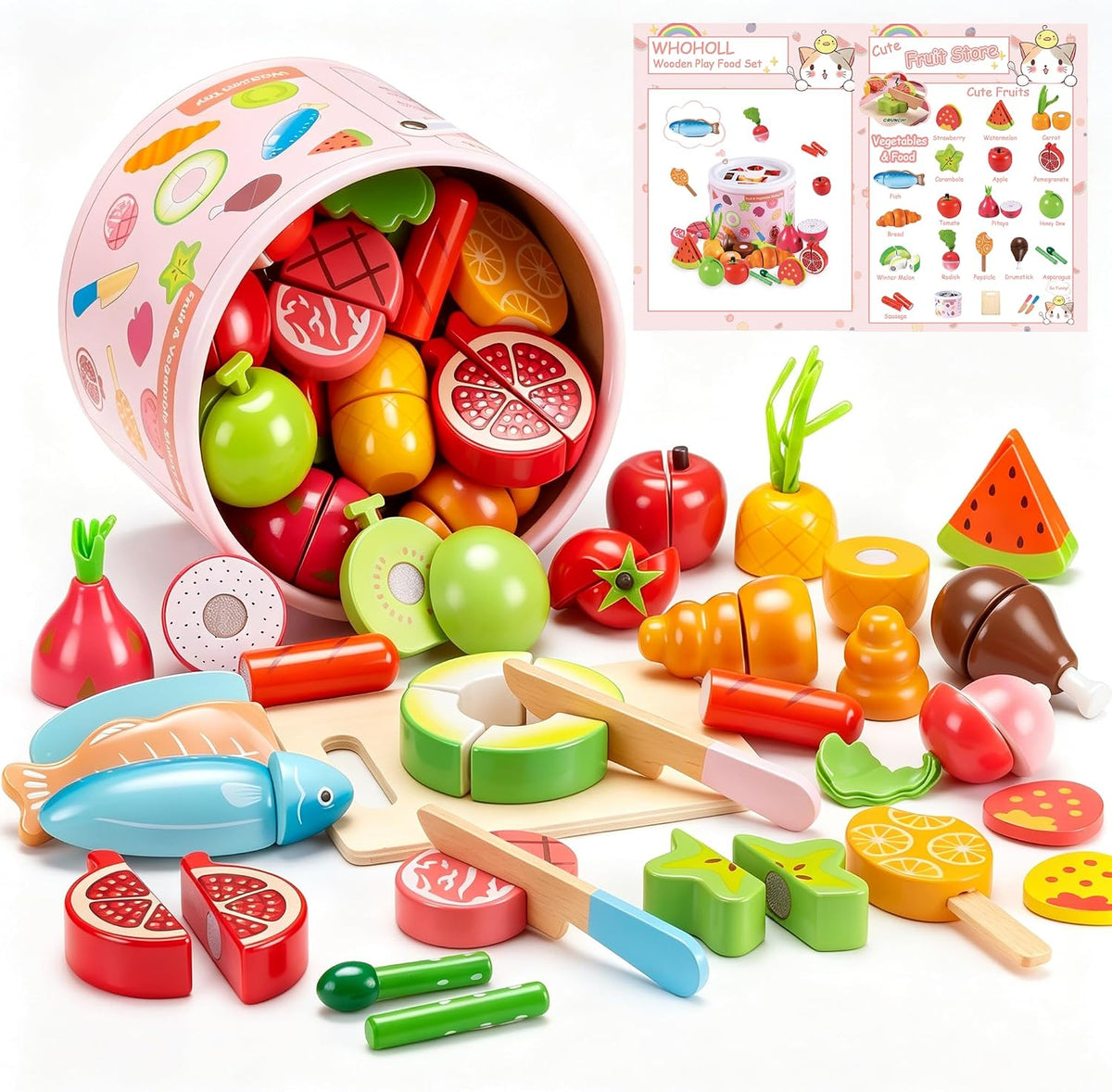 WHOLL - Juego de 45 piezas de comida de madera para niños, juguetes de