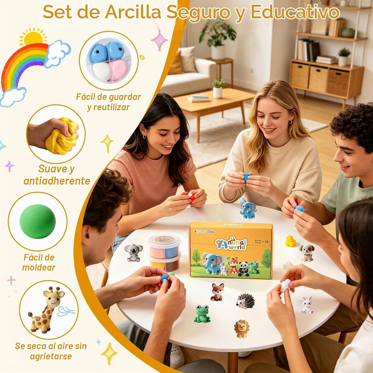 Kit de arcilla seca al aire, 16 animales para modelar arcilla mágica de secado al aire para niños, kits de arcilla de moldeo suave y no pegajosa con herramientas instrucciones para el hogar, regalos