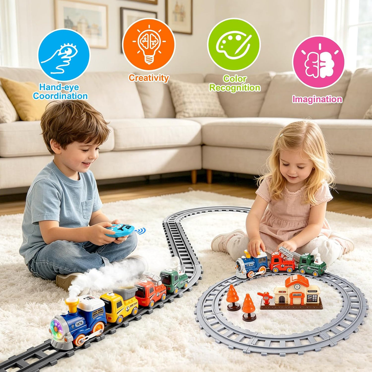 Juego de tren de vapor RC para niños, modelo eléctrico con humo y pistas