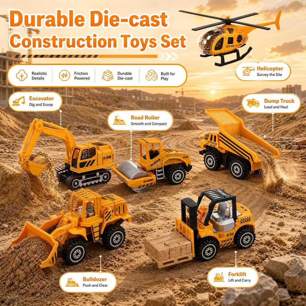 6 piezas de juguetes de vehículos de construcción, mini vehículos de