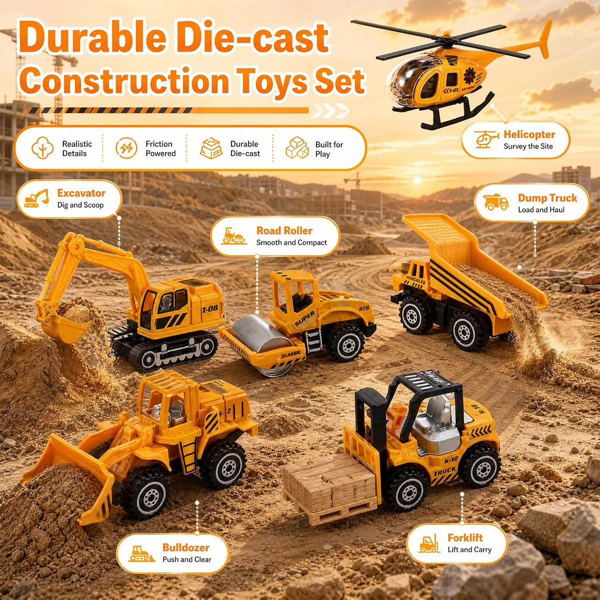 6 piezas de juguetes de vehículos de construcción, mini vehículos de
