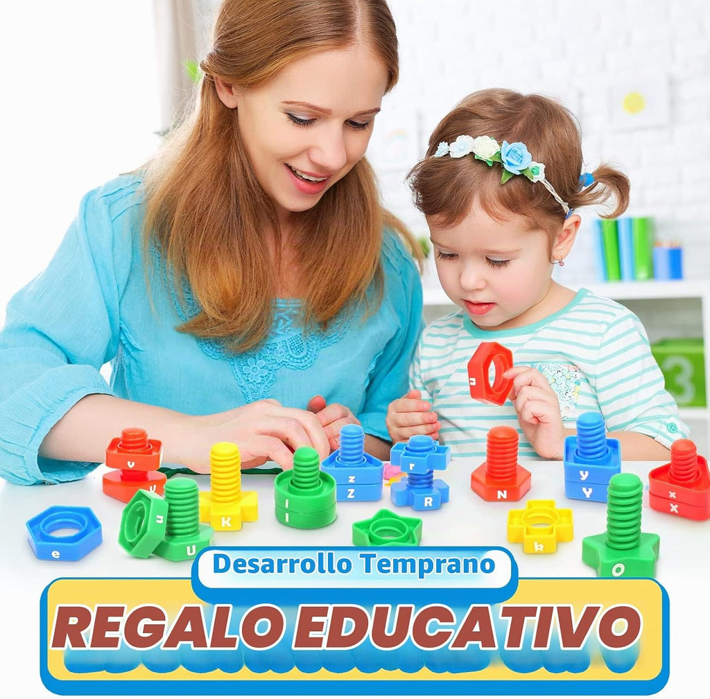 Juego de aprendizaje de letras a juego | Juego de juguetes preescolares para niños | 26 juguetes de aprendizaje del alfabeto con 52 piezas de tuercas y pernos, juguetes de clasificación y apilamiento