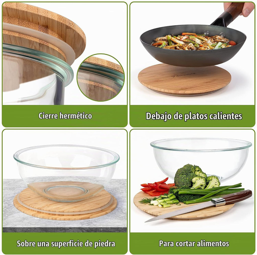 Juego apilable de 5 cuencos de vidrio anidados para ahorrar espacio con tapas de bambú para preparación de alimentos, almacenamiento, horneado, mezcla y cocina, aptos para microondas y horno