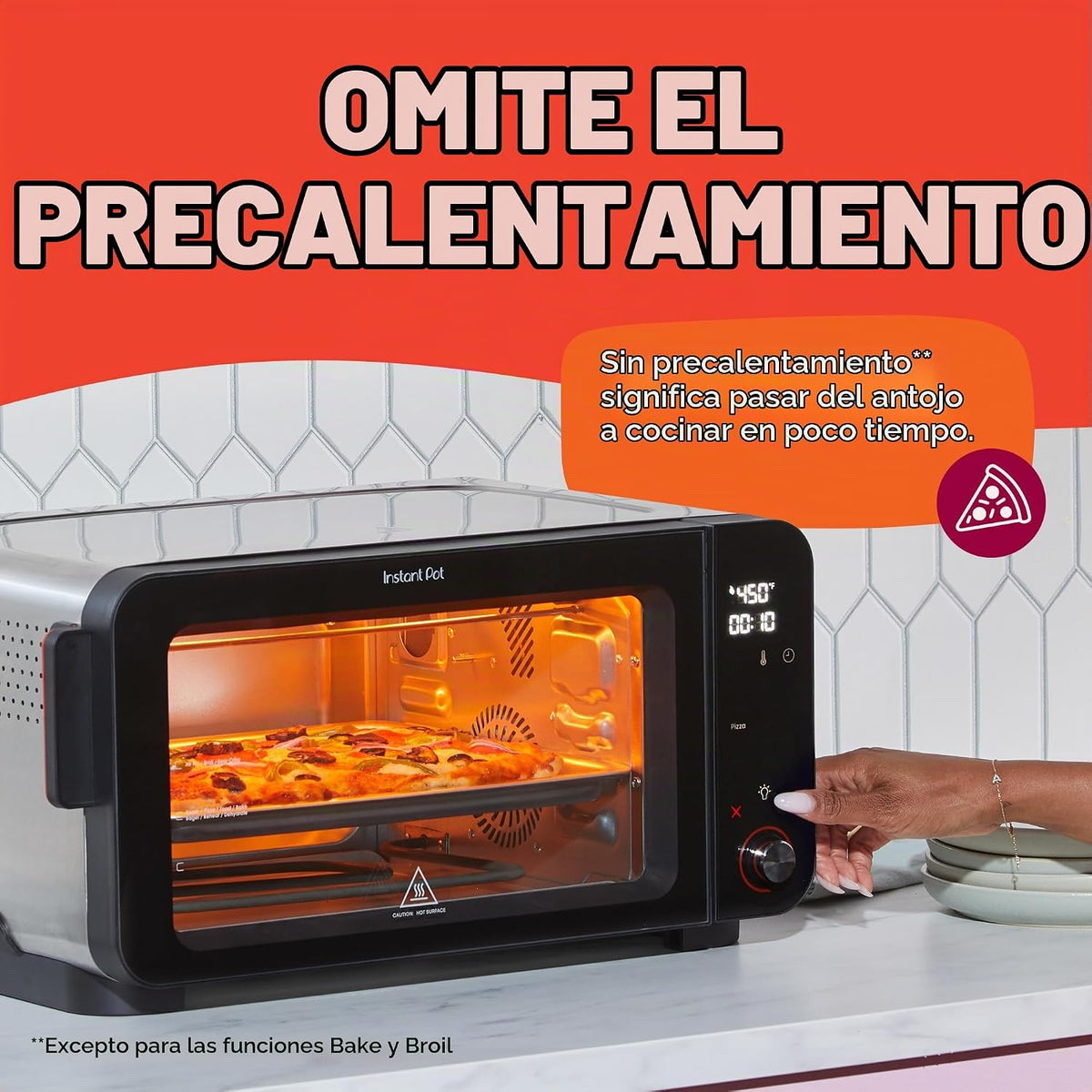 Instant Pot No requiere precalentamiento* Horno tostador con freidora de aire de 6 rebanadas con tecnología InstantHeat, 10 en 1, freír al aire, asar, hornear, sellar crujiente, tostar, bagel, asar