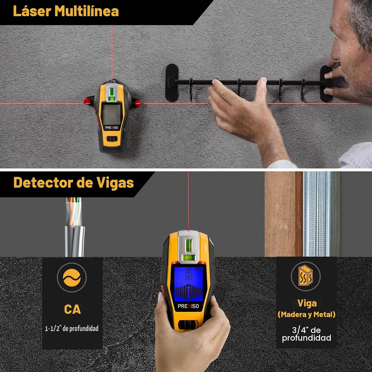 PREXISO Buscador de pernos 2 en 1 con nivel láser, láser de línea cruzada