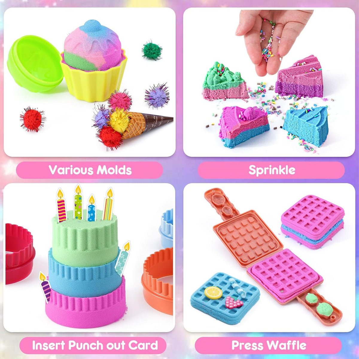 Golray - Juego de arena sensorial de helado para niñas, kit de arte de arena con caja de arena, 2 libras de arena mágica, moldes de pastel y gofre, juguetes de postres de juego de roles, juego de