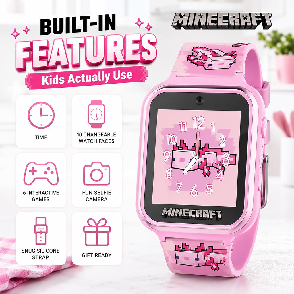 Minecraft - Reloj inteligente para niños, diseño de ajolote rosa, 10 caras de reloj, contador de pasos, cámara selfie, calculadora, juegos, grabadora de voz, alarma y temporizador, correas de silicona