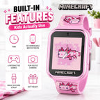 Minecraft - Reloj inteligente para niños, diseño de ajolote rosa, 10 caras de reloj, contador de pasos, cámara selfie, calculadora, juegos, grabadora de voz, alarma y temporizador, correas de silicona