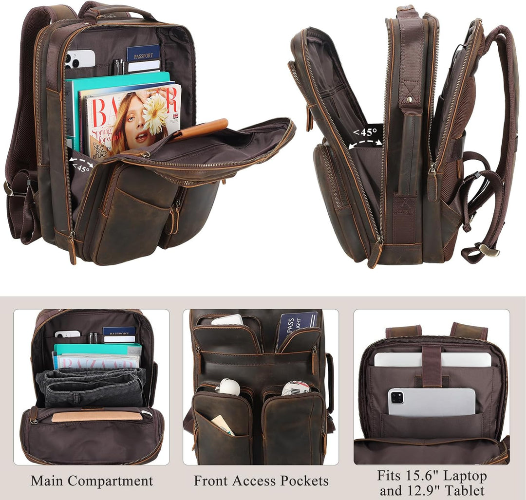 TIDING Mochila para portátil de cuero de grano completo de 17.3 pul...
