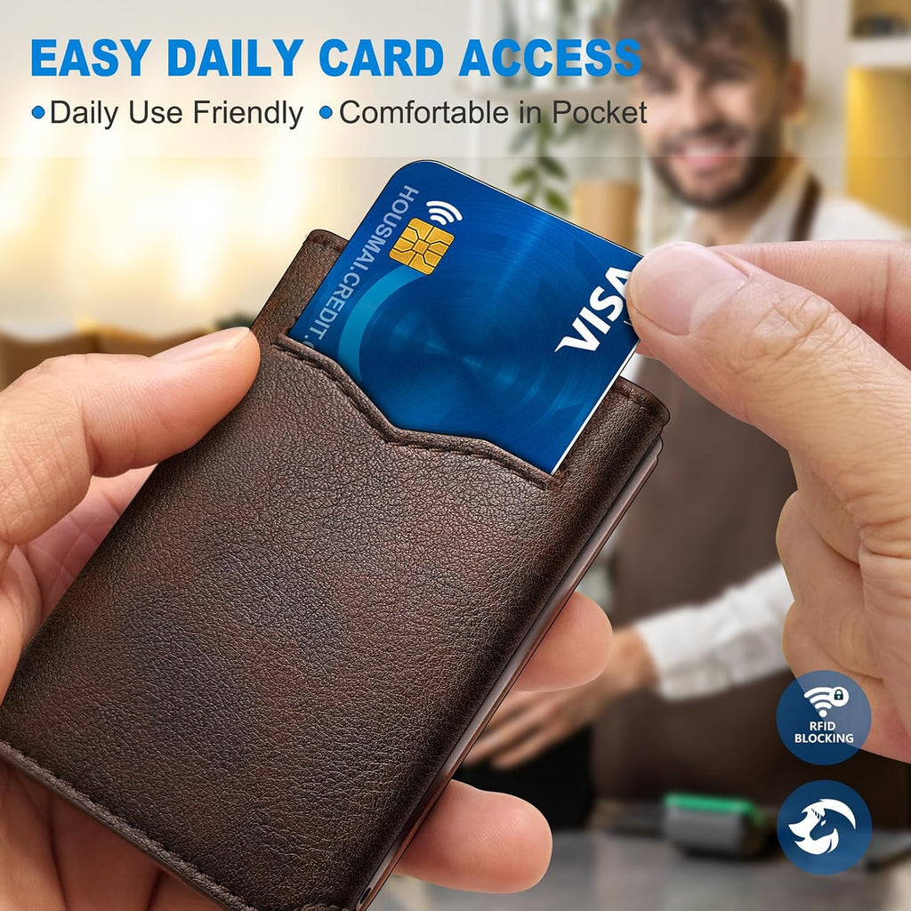 Cartera para hombre, tarjetero desplegable delgado con bloqueo RFID, billetera triple minimalista con 10 ranuras para tarjetas, bolsillo para efectivo y 2 ventanas para identificación, funda