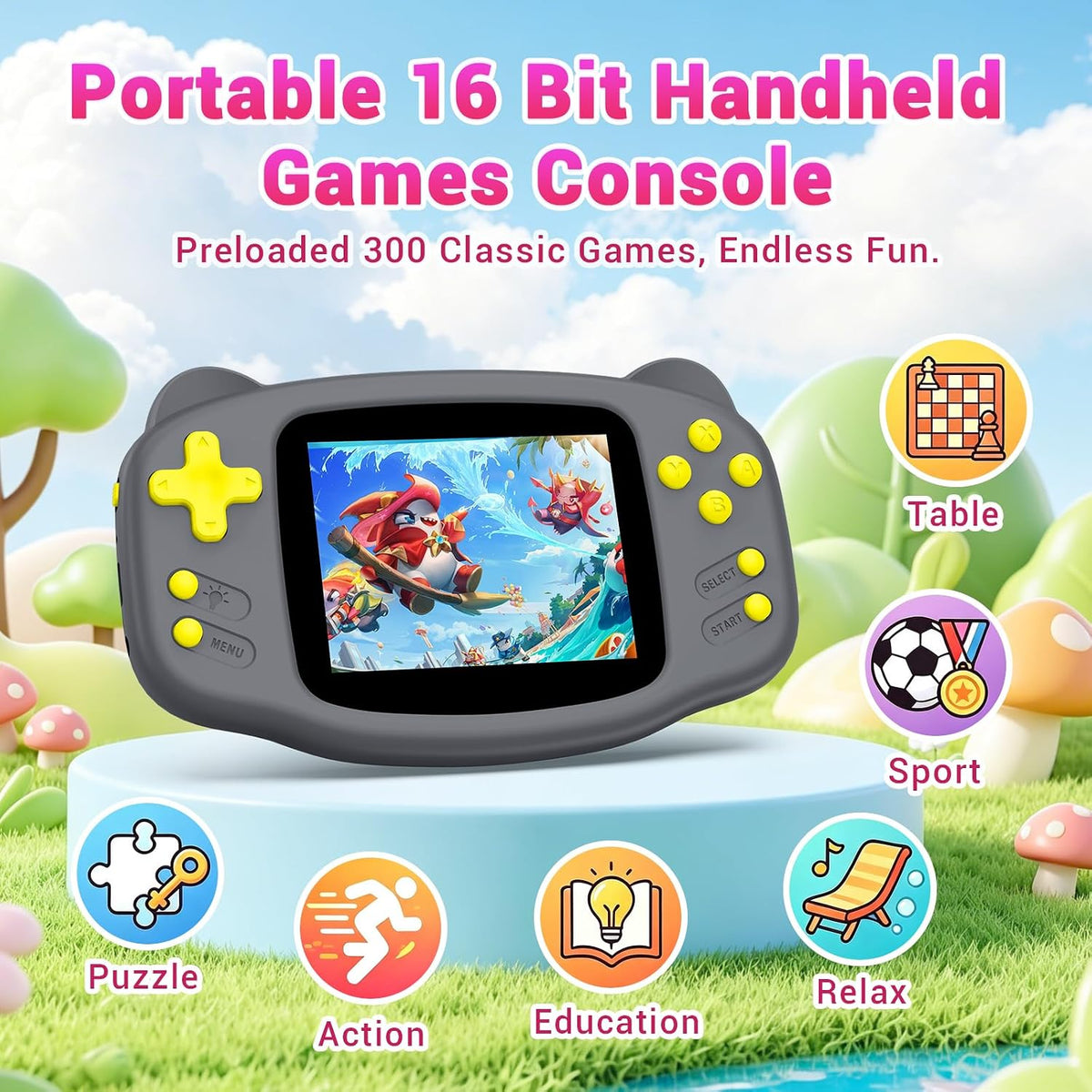 Juego de mano para niños, 300 videojuegos retro integrados, reproductor de juegos portátil de 16 bits con pantalla HD de 3.2 pulgadas, batería recargable, mini juguete electrónico de viaje para niños