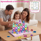 WMXDU Juego de 42 piezas de azulejos magnéticos con purpurina y caja de metal rosa, bloques de construcción STEM portátiles para niños de 3 a 8 años, juguetes educativos STEM Montessori para viajes en avión en automóvil
