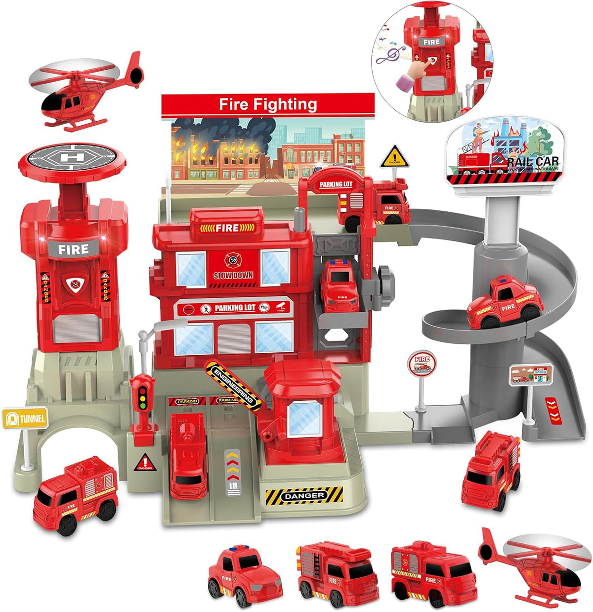 deAO Juego de estación de bomberos, camión de bomberos, coche y helicóptero