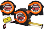 Benchmark - Paquete de 3 - Cinta métrica de 25 pies - Fracciones fáciles de leer a 1/8 de pulgada - Punta magnética - Pulgar y bloqueo rápido - Autowind - Clip para cinturón - Naranja/Rojo