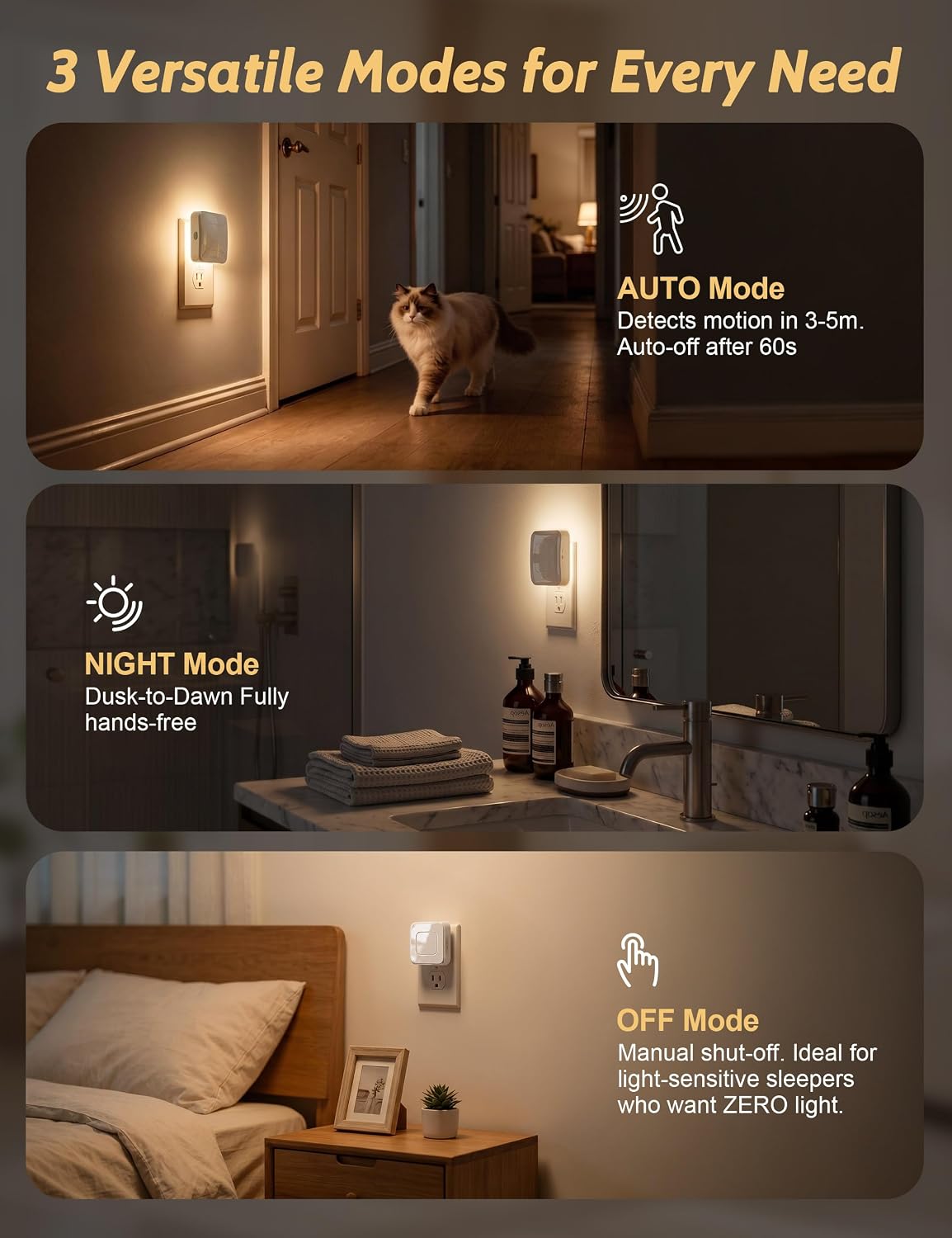 Luz nocturna LED enchufable con sensor de movimiento y del atardecer al amanecer, 3 temperaturas de color (1800K/2700K/5700K), 5 niveles de brillo preestablecidos, diseño retroiluminado, 1-80LM