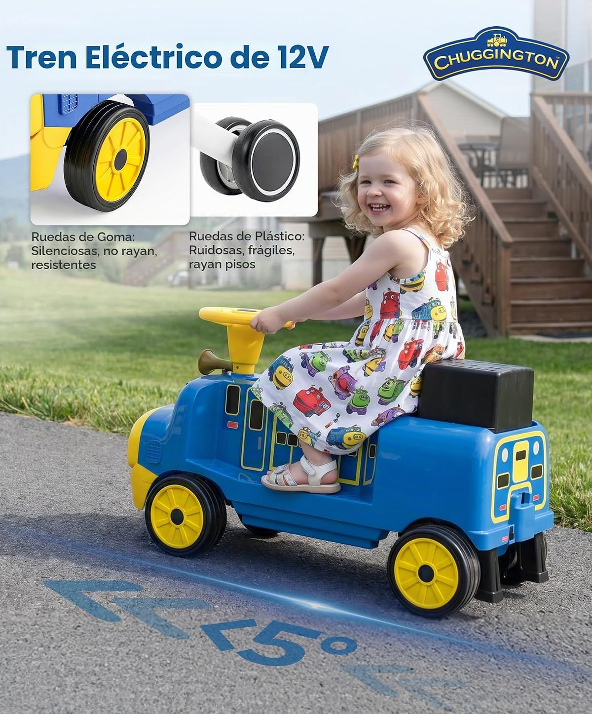 Chuggington - Tren de 2 plazas sin rieles, con licencia de 12 V, para niños de 3 años en adelante, con espacio de almacenamiento, silbato, LED, música, 2 velocidades máximas, 150 libras, color