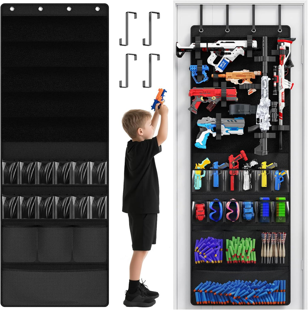 Organizador sobre la puerta para pistolas de juguete, colgador de puerta con bolsillos y ranuras para lanzadores de espuma, dardos, gafas para niños, organizador de almacenamiento de pistolas de