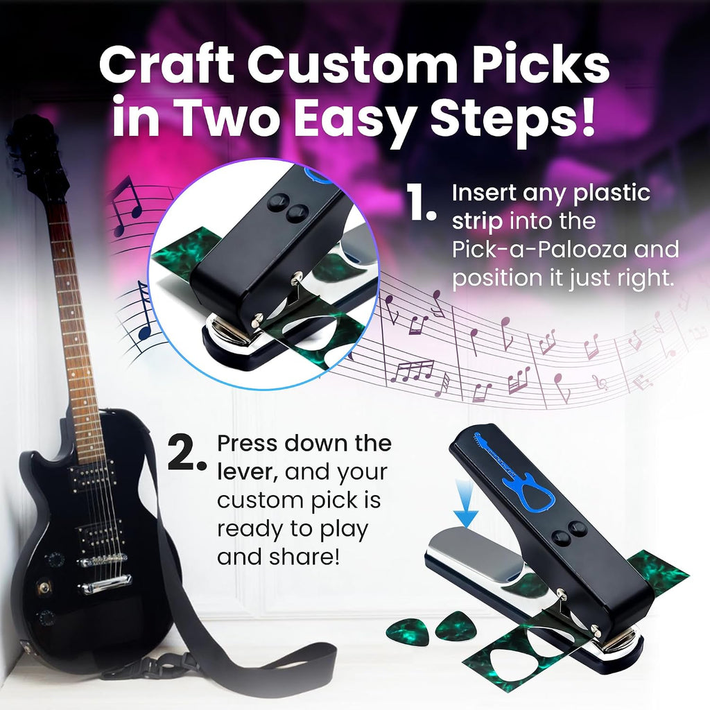 Gran kit de Pick-a-Palooza para hacer tus propias púas para guitarra, para regalo. Dispositivo prémium para fabricar púas. Cadena de cuero porta púas. 15 tiras para hacer púas, más una lima en forma de guitarra. Color azul, Azul/Plateado