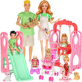ebuddy Juego de muñecas familiares con tobogán, columpio y cochecito de bebé - 7 personas, mascotas y accesorios para regalo de niños pequeños de 3 a 12 años