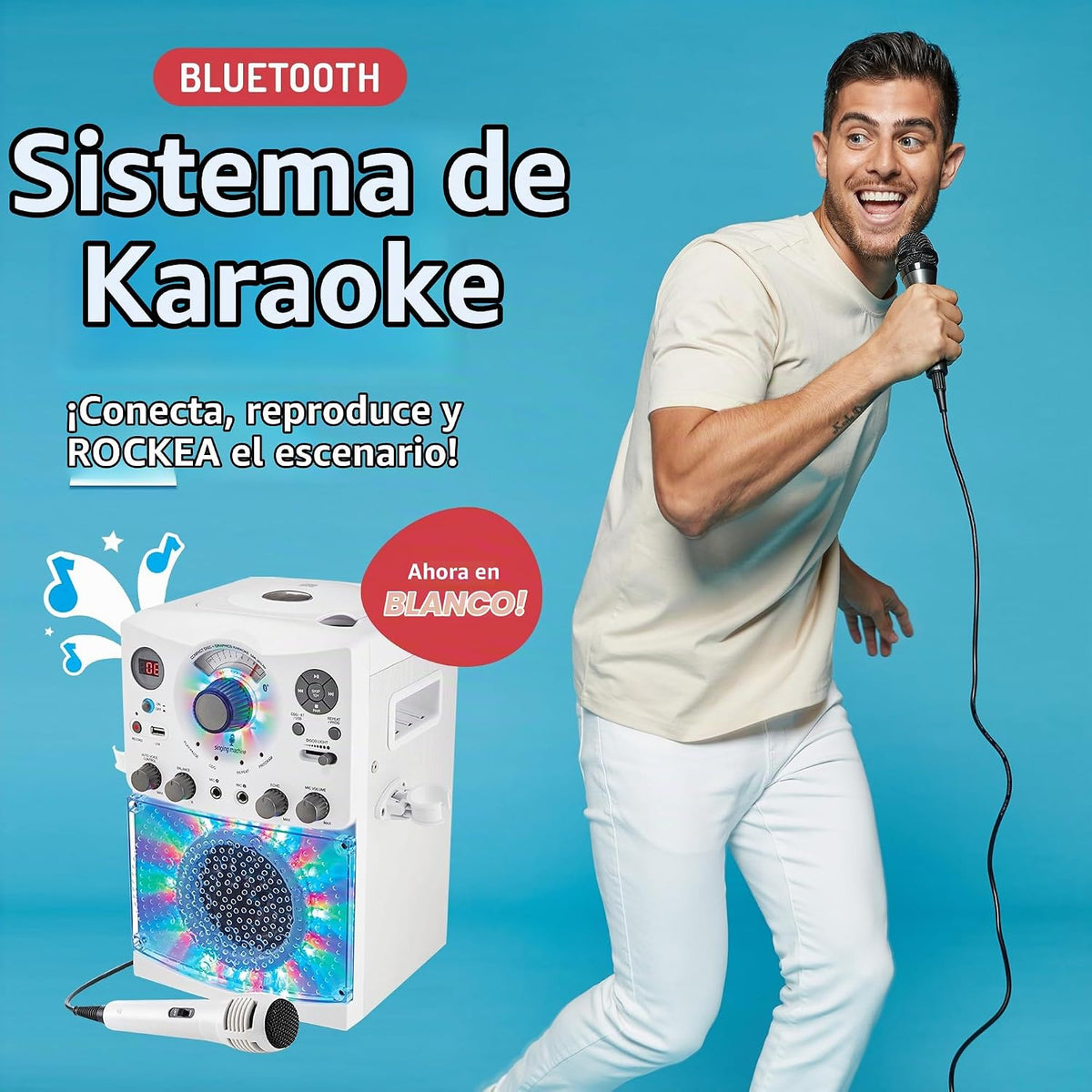 Sistema de karaoke con Bluetooth parte superior para carga de CDG, espectáculo de discoteca sonido y luces (negro) SML385BTBK Singing Machine, Blanco, M
