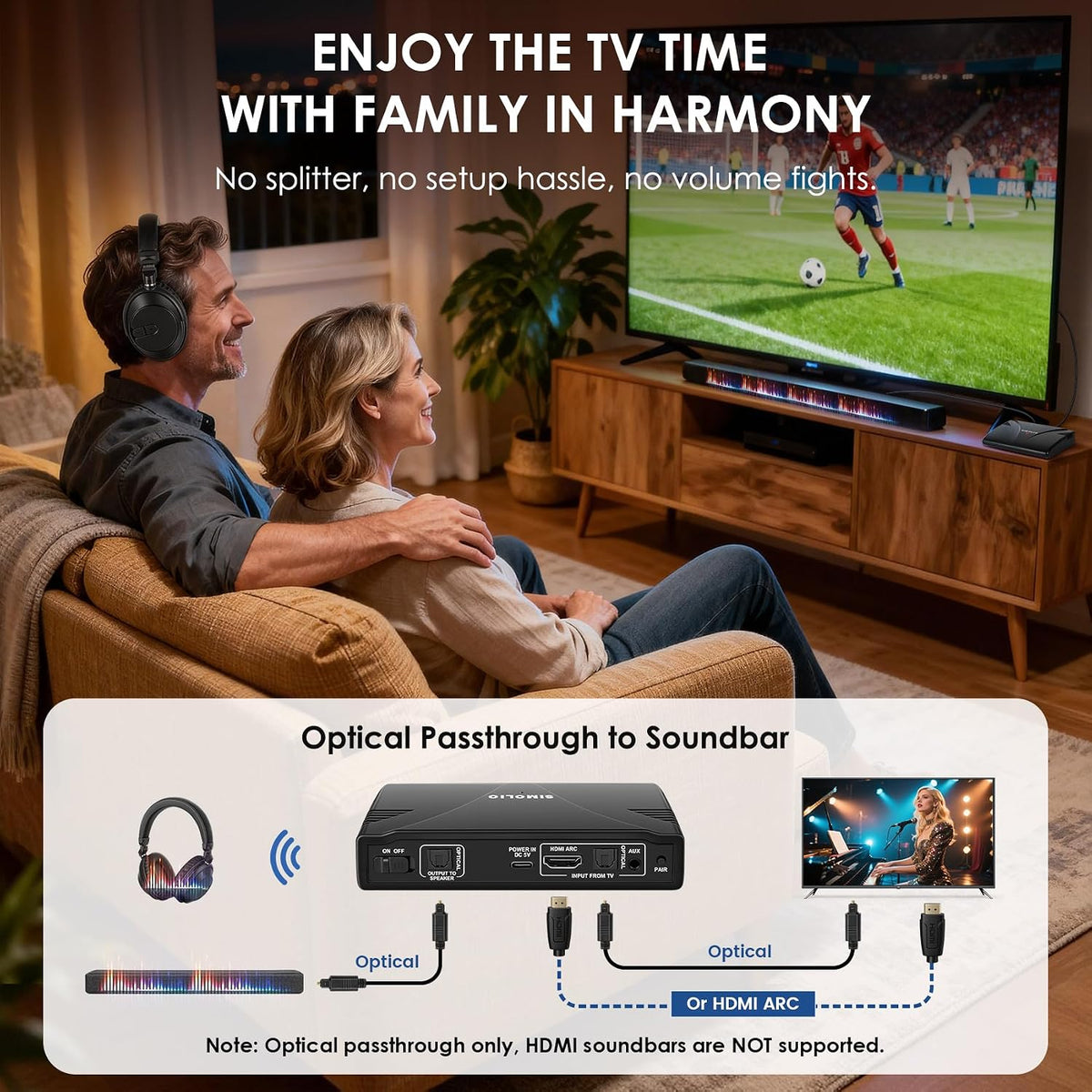 SIMOLIO Auriculares inalámbricos para TV con entrada HDMI ARC y soporte