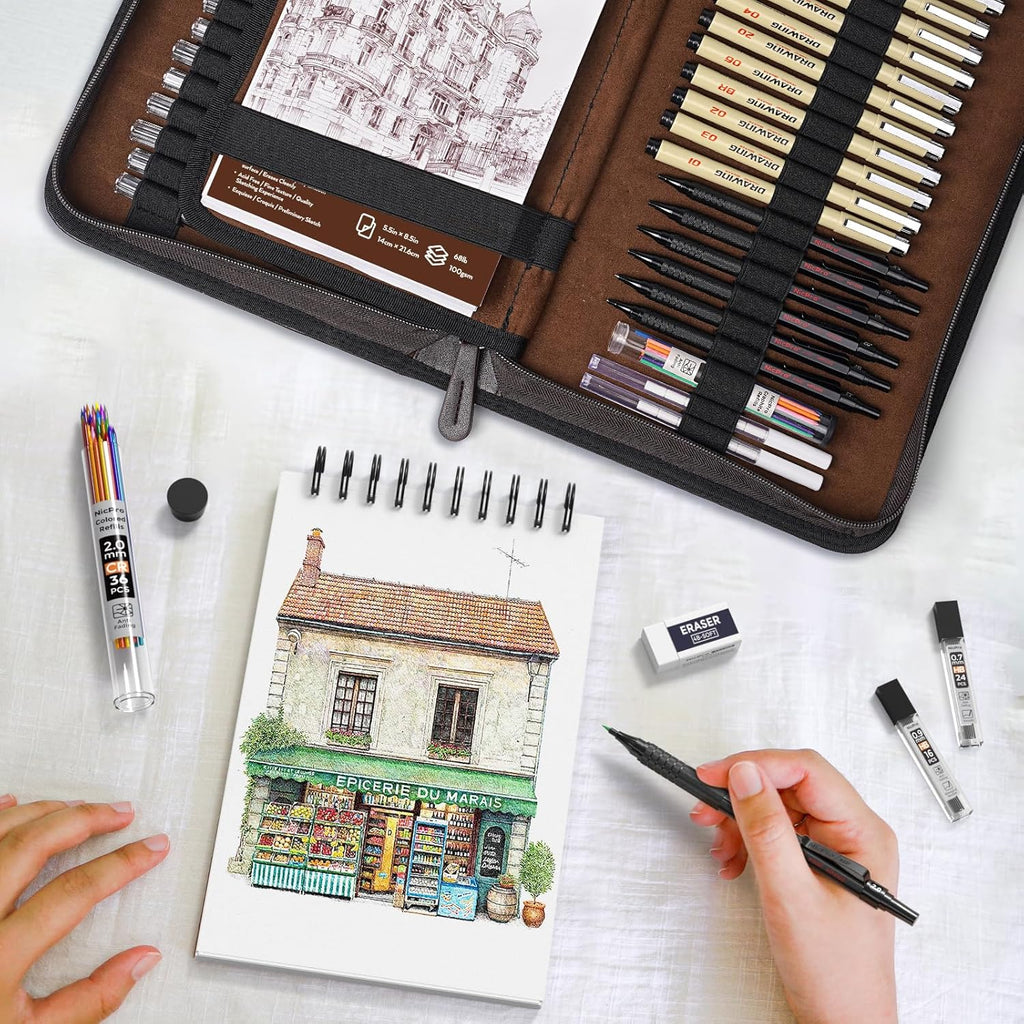 Nicpro Kit de suministros de dibujo artístico de 58 piezas en estuche de