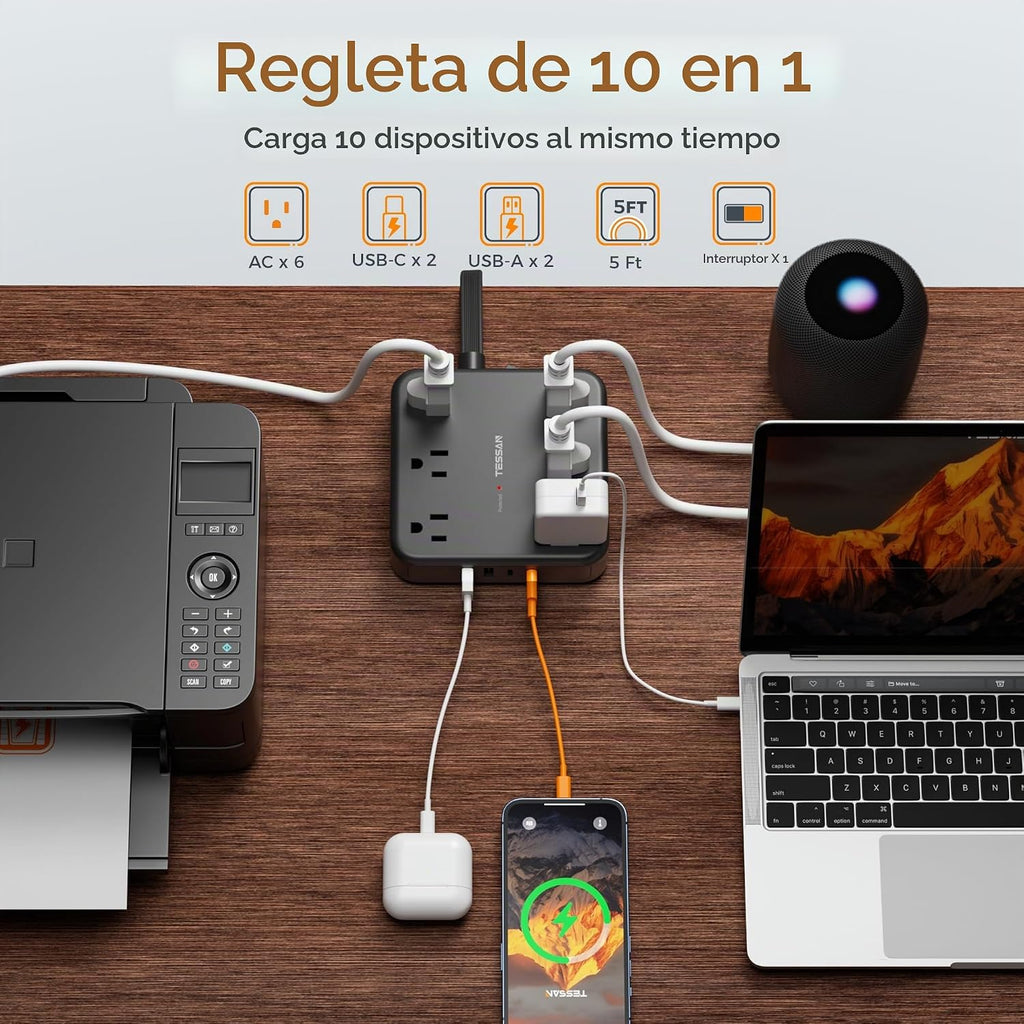 TESSAN Regleta protectora de sobretensiones, cable de extensión de enchufe