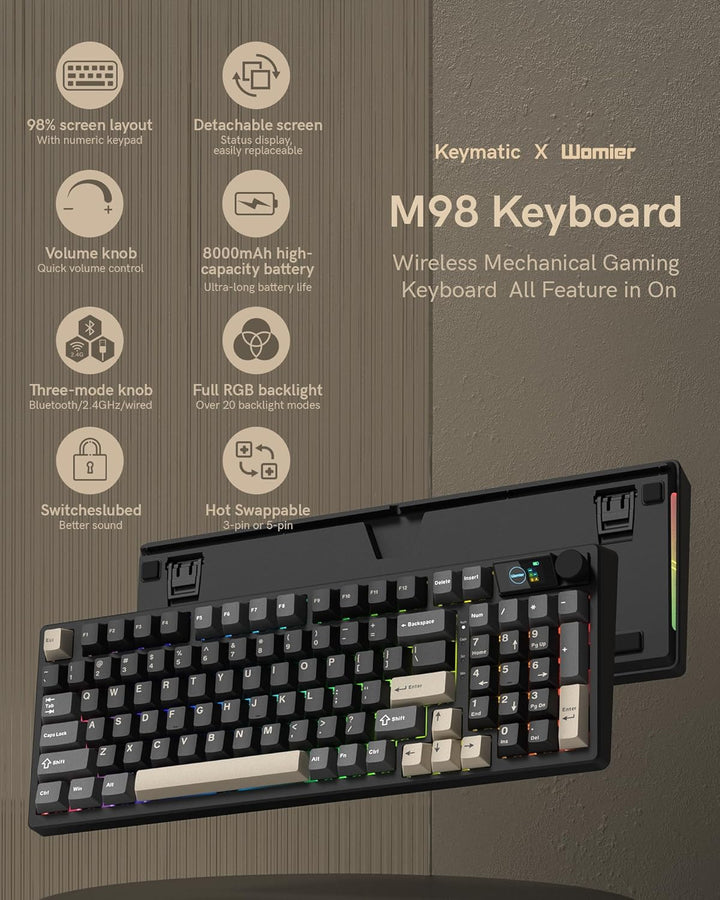 Keymatic Teclado mecánico inalámbrico M98 con pantalla y perilla, 9...