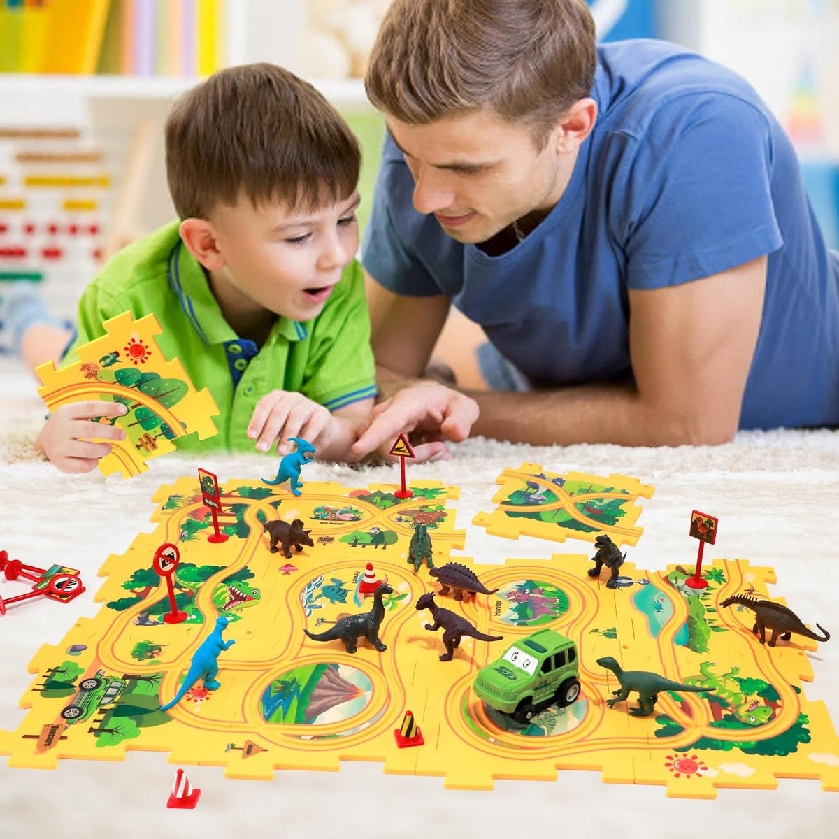 Juego de Pista de Rompecabezas de Coches con 12 Figuras de Dinosaurios, Rompecabezas de Suelo de Vagón de Plástico para Niños de 3-5 Años con Vehículos, Juguetes de Regalo para Niños de 3 4 5