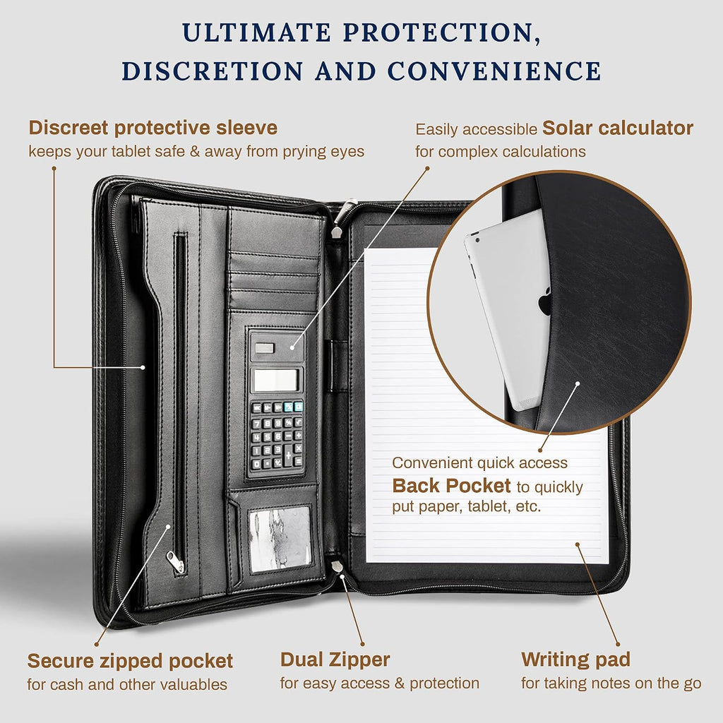 cossini Premium Business portafolios/portadocumentos de piel sintética con cierre y funda interior para tablet de 10.1 pulgadas (Bonos: Libreta de notas, calculadora, bolígrafo y eBook)