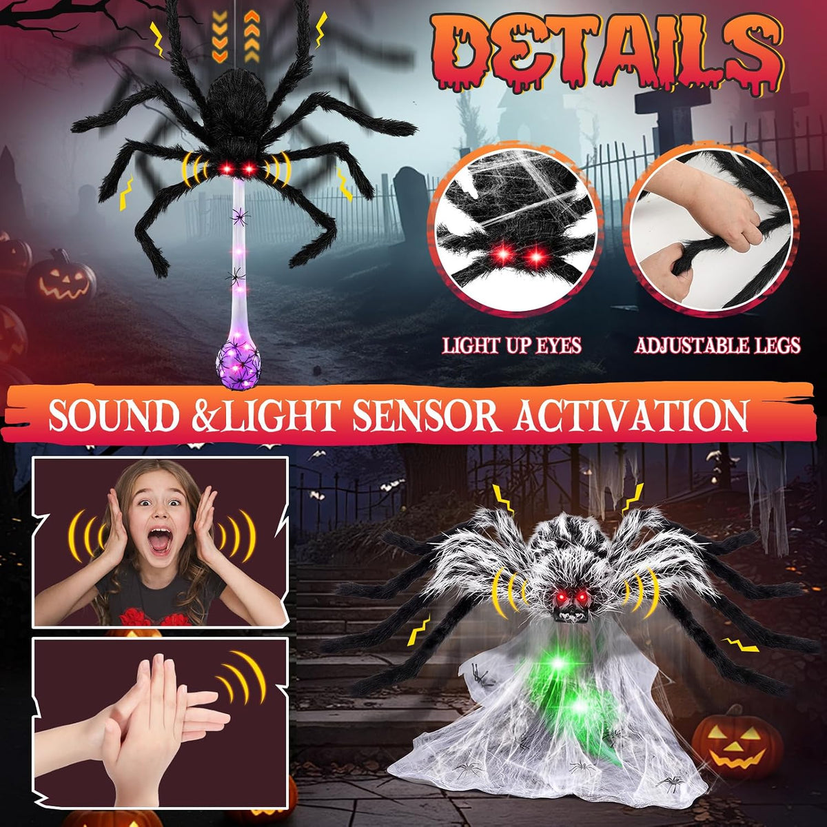 Decoración de luces de telaraña de Halloween + 2 arañas saltadoras