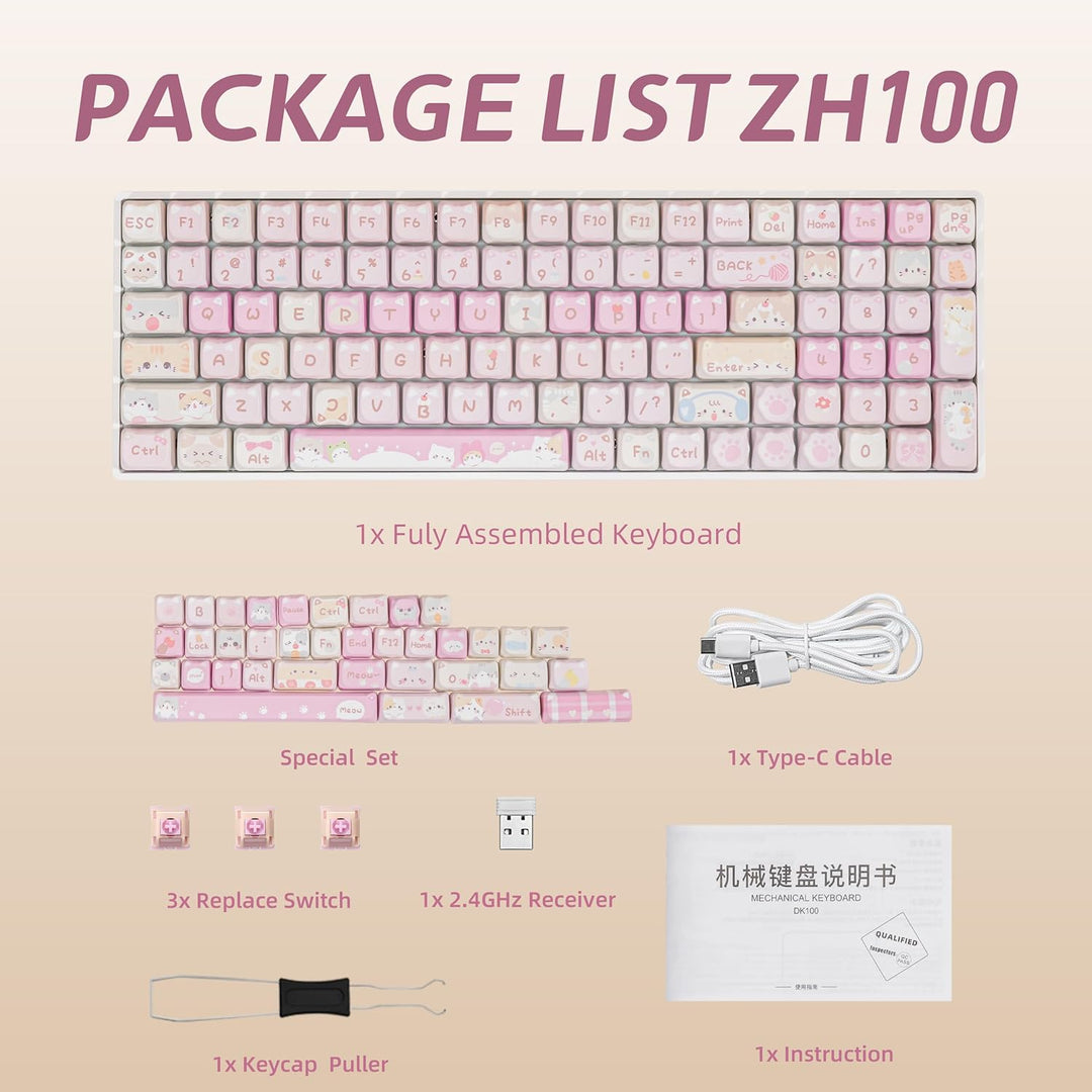 ZORNHER ZH100 Wireless Cat Mechanical Keyboard,98% Pink Cute Creamy...
