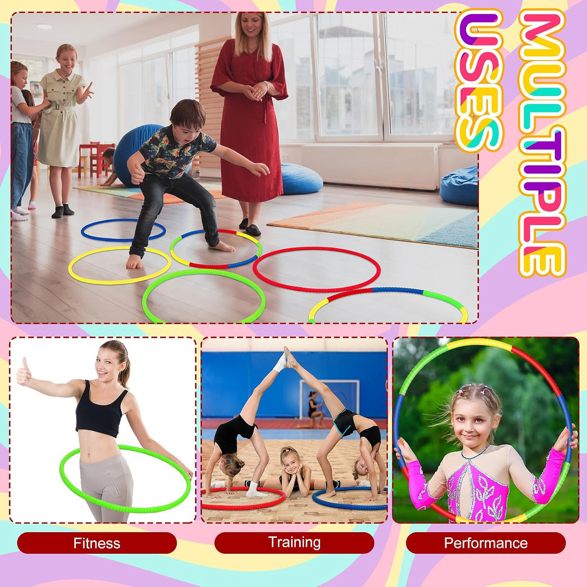 12 piezas de aro de juguete para niños - Aro desmontable y ajustable de colores para ejercicio, anillo de plástico para niños, gimnasia para adolescentes, equipo de agilidad para perros