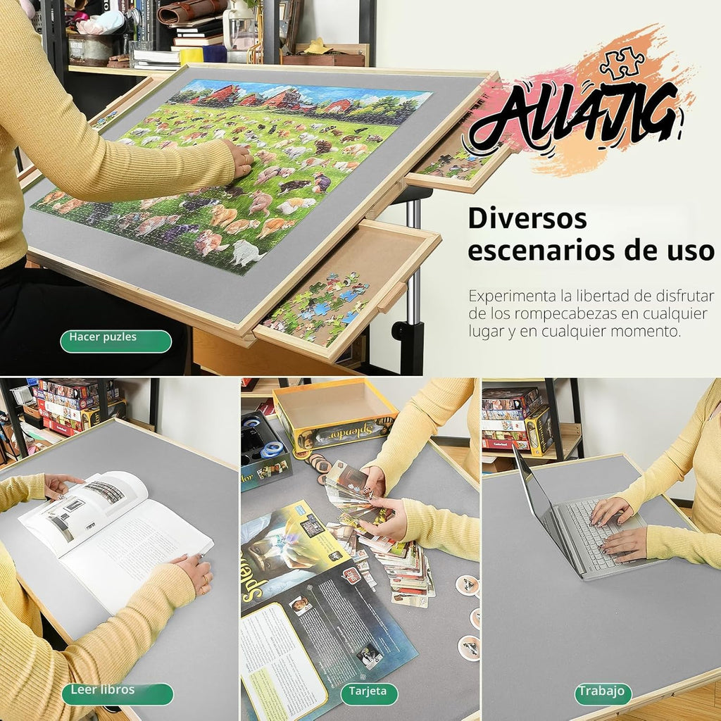 ALL4JIG - Mesa de rompecabezas de 2000 piezas con patas y ruedas, mesa de rompecabezas de madera de 28.50 x 40.16 pulgadas con 4 cajones y cubierta para adultos, diseño de estabilidad mejorado, mesa