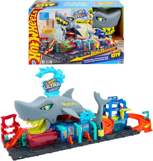Hot Wheels Juego de pistas de ciudad, lavado de autos Ultra Shark c...